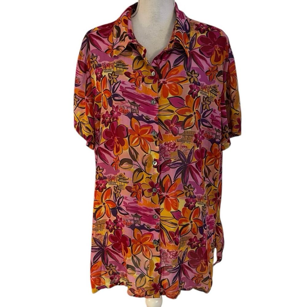 Chicos Design Size 3 US XL Semi Sheer Blouse Top Floral Beachy Button Front